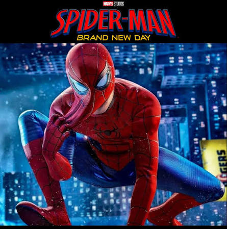 Poster film Spiderman Brand New Day menampilkan Spider Man sedang berjongkok sambil melepas topengnya dengan latar belakang gedung kota malam hari